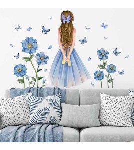 Home Decorative 3d Blue Floral Motivational Boho Wall Stickers For Girls Bedroom