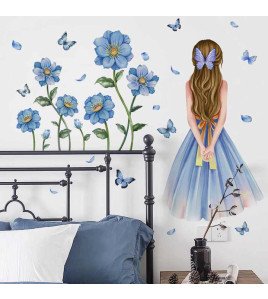 Home Decorative 3d Blue Floral Motivational Boho Wall Stickers For Girls Bedroom