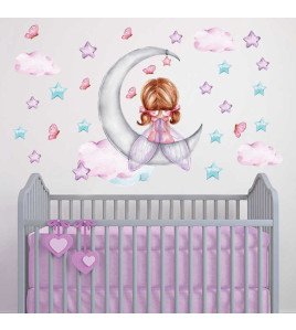 Home Decoration Colorful Star Baby Girl On Moon Wallpaper Sticker 3d Wall Paper