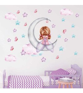 Home Decoration Colorful Star Baby Girl On Moon Wallpaper Sticker 3d Wall Paper
