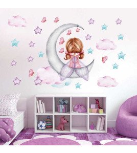 Home Decoration Colorful Star Baby Girl On Moon Wallpaper Sticker 3d Wall Paper