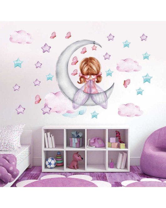 Home Decoration Colorful Star Baby Girl On Moon Wallpaper Sticker 3d Wall Paper