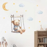 Self Adhesive Cartoon Bear Swing With Moon Star Wall Stickers Baby