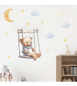 Self Adhesive Cartoon Bear Swing With Moon Star Wall Stickers Baby