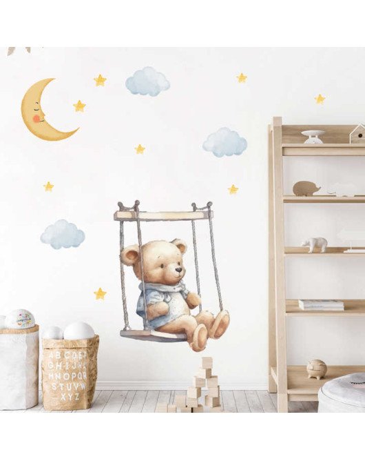 Self Adhesive Cartoon Bear Swing With Moon Star Wall Stickers Baby