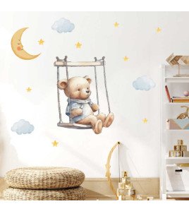 Self Adhesive Cartoon Bear Swing With Moon Star Wall Stickers Baby
