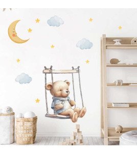 Self Adhesive Cartoon Bear Swing With Moon Star Wall Stickers Baby