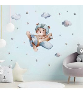 Removable Cartoon Bear Drive Airplane Sticker For Baby Room Wall
