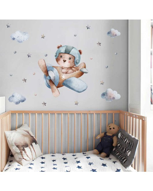 Removable Cartoon Bear Drive Airplane Sticker For Baby Room Wall