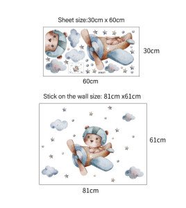 Removable Cartoon Bear Drive Airplane Sticker For Baby Room Wall