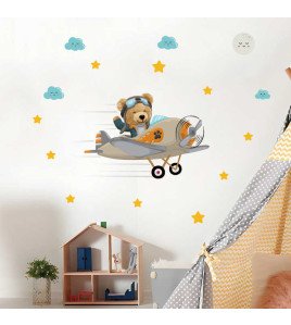 Self Adhesive Cartoon Bear With Airplane Kindergarten Wall Stickers