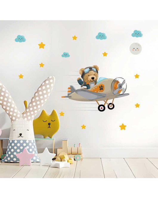 Self Adhesive Cartoon Bear With Airplane Kindergarten Wall Stickers