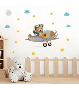 Self Adhesive Cartoon Bear With Airplane Kindergarten Wall Stickers