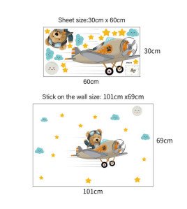 Self Adhesive Cartoon Bear With Airplane Kindergarten Wall Stickers