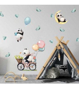 Self Adhesive Baby Room Wall Sticker New Design Pandas Ride Bicycles Stickers For Kids Room Decoration