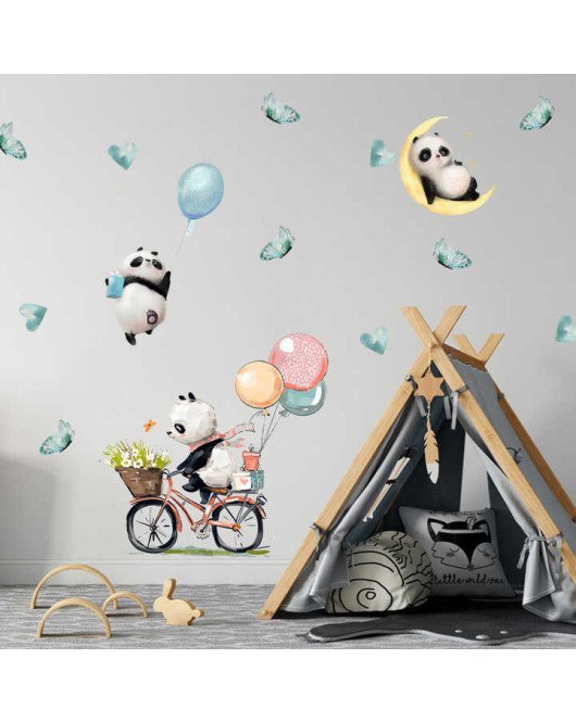 Self Adhesive Baby Room Wall Sticker New Design Pandas Ride Bicycles Stickers For Kids Room Decoration
