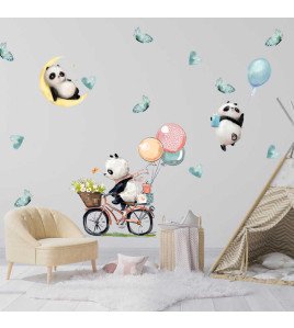 Self Adhesive Baby Room Wall Sticker New Design Pandas Ride Bicycles Stickers For Kids Room Decoration