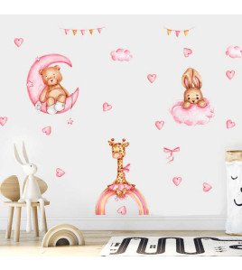 Self Adhesive Cute Bear Pink Rainbow Wall Stickers For Kids Bedroom