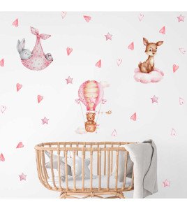 Self Adhesive Rabbit And Bear Deer Pink Star Hot Air Balloon Baby Wall Stickers Bedroom