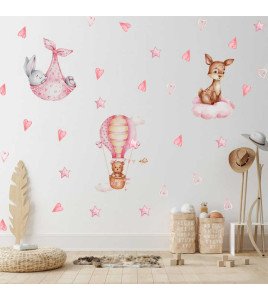 Self Adhesive Rabbit And Bear Deer Pink Star Hot Air Balloon Baby Wall Stickers Bedroom