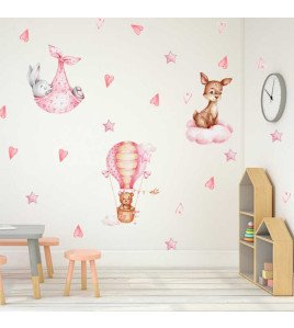 Self Adhesive Rabbit And Bear Deer Pink Star Hot Air Balloon Baby Wall Stickers Bedroom