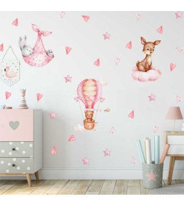 Self Adhesive Rabbit And Bear Deer Pink Star Hot Air Balloon Baby Wall Stickers Bedroom