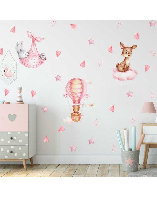 Self Adhesive Rabbit And Bear Deer Pink Star Hot Air Balloon Baby Wall Stickers Bedroom