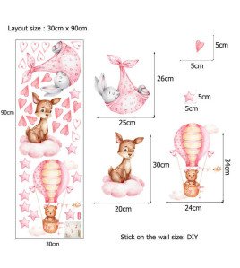 Self Adhesive Rabbit And Bear Deer Pink Star Hot Air Balloon Baby Wall Stickers Bedroom