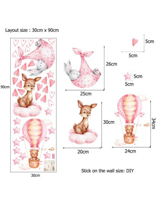 Self Adhesive Rabbit And Bear Deer Pink Star Hot Air Balloon Baby Wall Stickers Bedroom