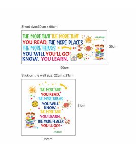 Removable Adhesive Library Cartoon Read Book Inspirational Quote Wall Stickers For School Decorations