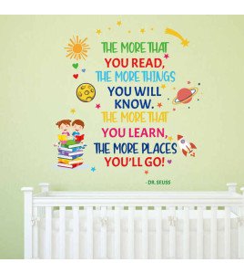 Removable Adhesive Library Cartoon Read Book Inspirational Quote Wall Stickers For School Decorations