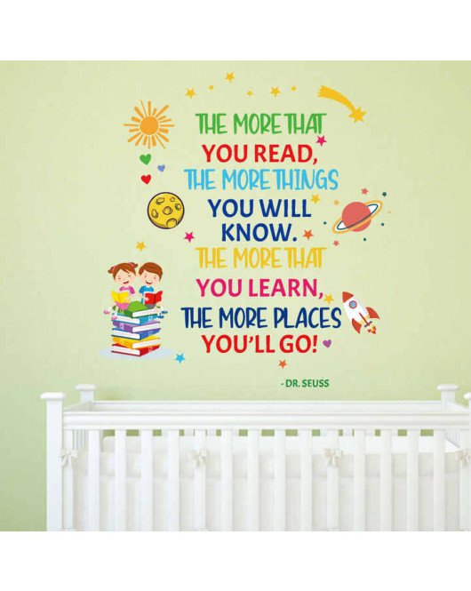 Removable Adhesive Library Cartoon Read Book Inspirational Quote Wall Stickers For School Decorations