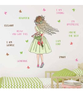3D Floral Cartoon Girl Inspirational Text Wall Sticker Wall Stickers For Kids Room