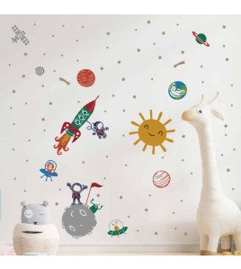 Self Adhesive Cartoon Rocket With Star Kids Room Wall Stickers