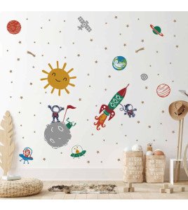 Self Adhesive Cartoon Rocket With Star Kids Room Wall Stickers