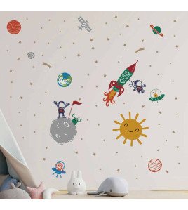 Self Adhesive Cartoon Rocket With Star Kids Room Wall Stickers