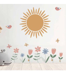 Bedroom Decoration Removable 3d Sun With Flower Wall Decals For Kids