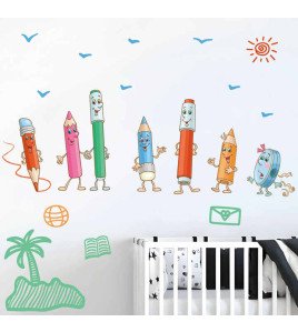 Self Adhesive Transparent Pvc Cartoon Pencil Classroom Wall Stickers