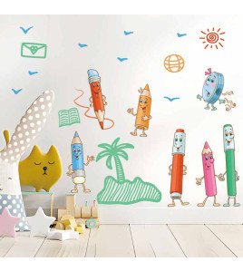 Self Adhesive Transparent Pvc Cartoon Pencil Classroom Wall Stickers