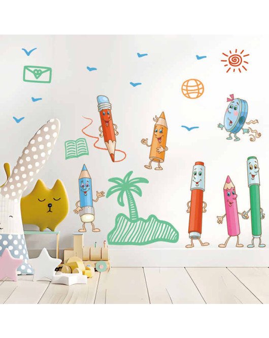 Self Adhesive Transparent Pvc Cartoon Pencil Classroom Wall Stickers