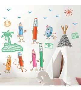 Self Adhesive Transparent Pvc Cartoon Pencil Classroom Wall Stickers