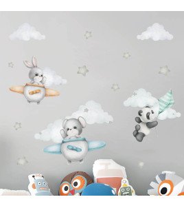 Cartoon Animal Airplane Star Cloud Baby Boy Wall Stickers - Model Sf39352