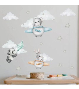 Cartoon Animal Airplane Star Cloud Baby Boy Wall Stickers - Model Sf39352
