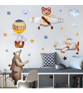 Home Decoration Self-adhesive Cartoon Animal With Airplane Sticker For Nursery Wall - Model Sf39354