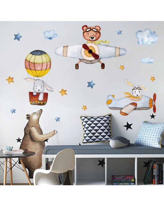 Home Decoration Self-adhesive Cartoon Animal With Airplane Sticker For Nursery Wall - Model Sf39354