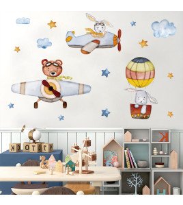 Home Decoration Self-adhesive Cartoon Animal With Airplane Sticker For Nursery Wall - Model Sf39354