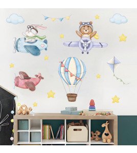 New Pattern Living Room Decoration Cartoon Animal Hot Air Balloon With Plane Baby Stickers For Wall - Model Sf39355