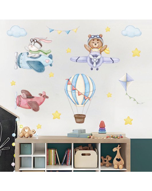 New Pattern Living Room Decoration Cartoon Animal Hot Air Balloon With Plane Baby Stickers For Wall - Model Sf39355
