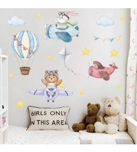 New Pattern Living Room Decoration Cartoon Animal Hot Air Balloon With Plane Baby Stickers For Wall - Model Sf39355