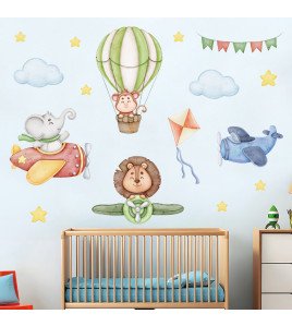 Self-adhesive 3d Vinyl Cartoon Animal With Airplane Wall Stickers Bedrooms Teens - Model Sf39356
